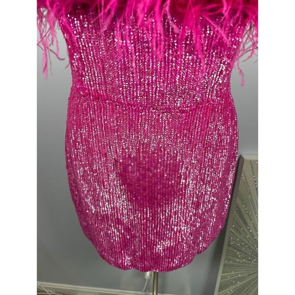 Retrofete Torin Fuchsia Pink Sequin Feather Hem Mini Dress Size Medium - Picture 7 of 10